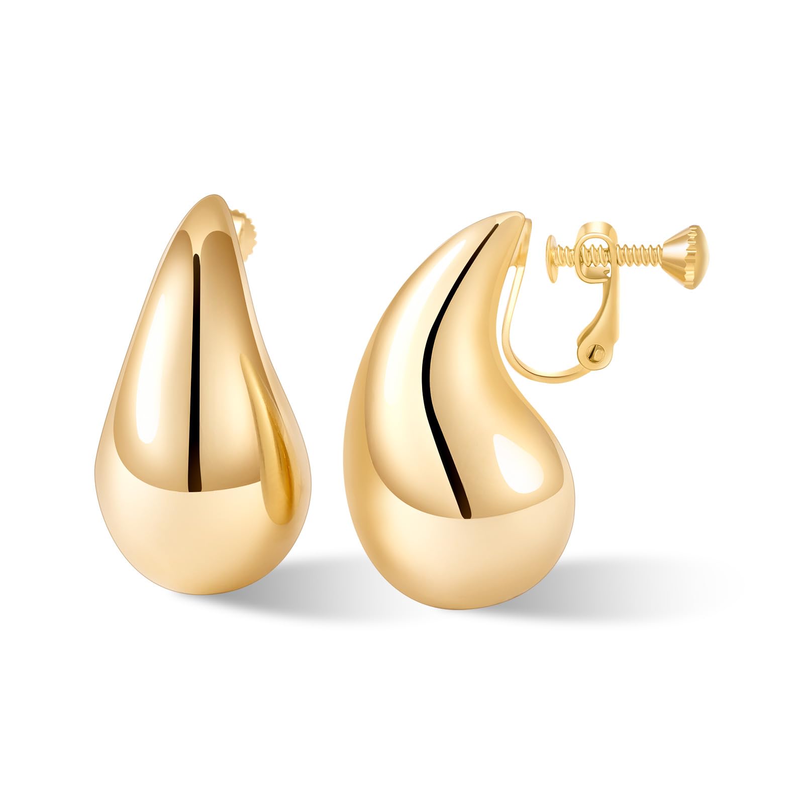 Gold Drop Clip On Earrings Dupes Teardrop Chunky Non Pierced Earring 14K Real Gold Plated Hypoallergenic Lightweight Earrings for Women（Gold and Silver）