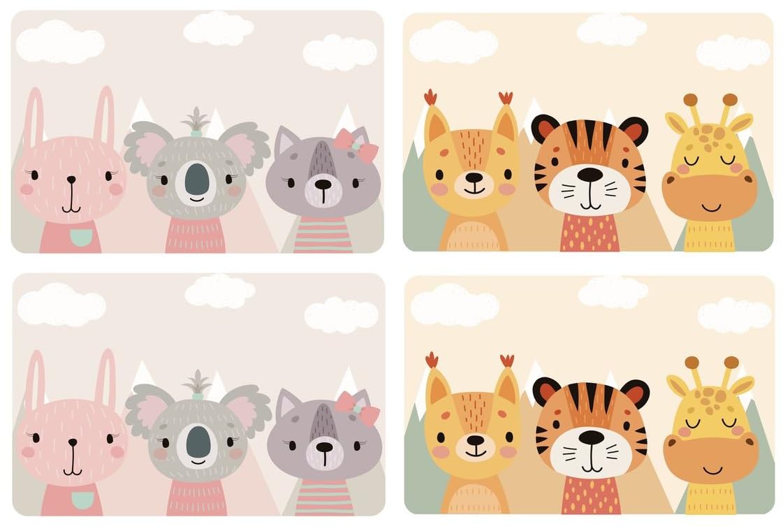 Pack Montessori de 4/12 Manteles Individuales Infantiles con Diseños de Animales - Plástico Lavable, Protector Antimanchas - 45x30cm - Bebés, Niños y Niñas (Pack 4 - Color A & B)