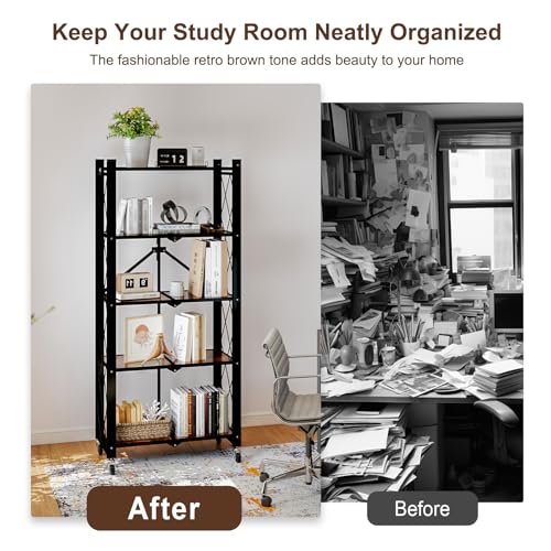 Image of 5 Tier Folding Shelf with Wheels, Wood and Metal Bookshelf