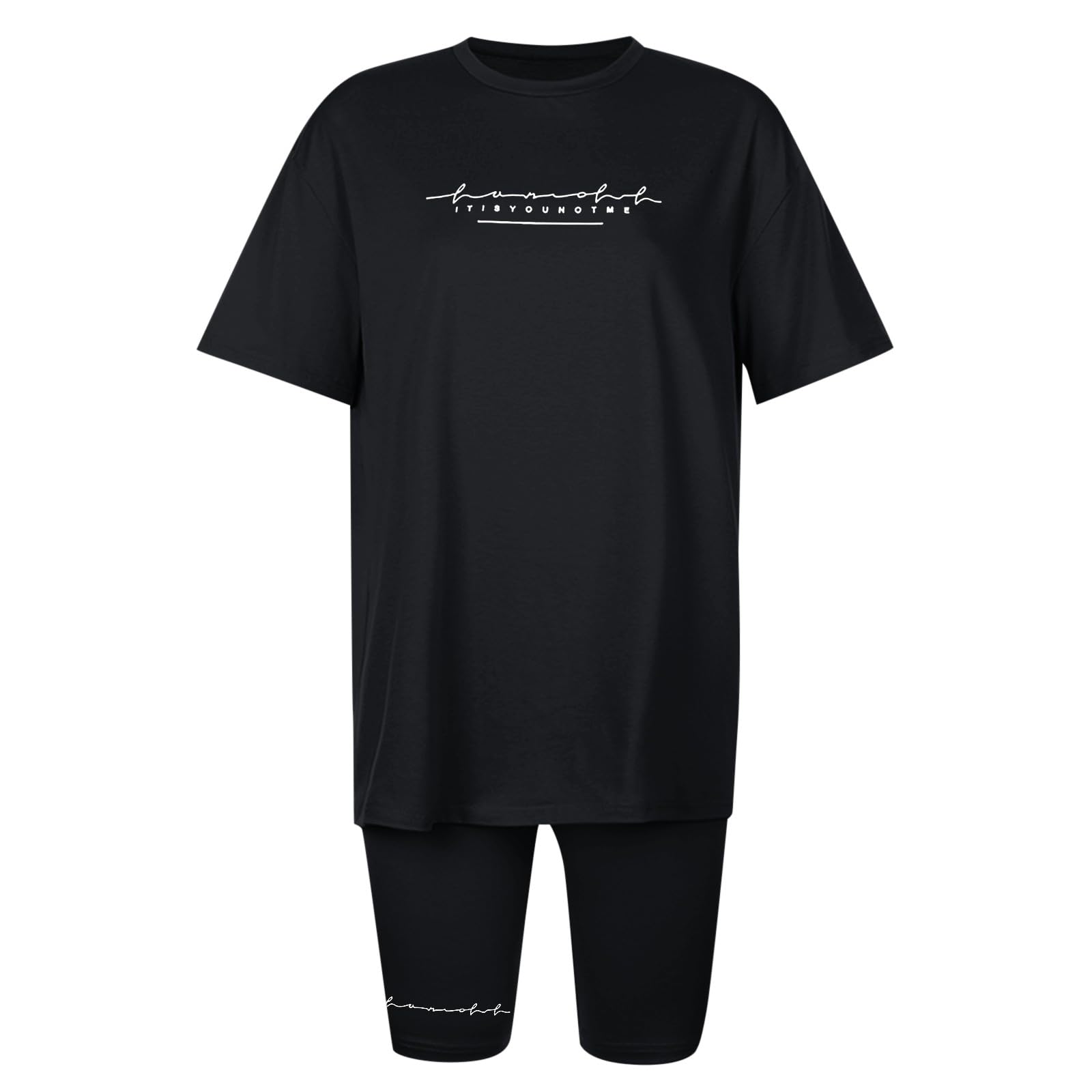 Generisch Oversize Set Damen Sommer T-Shirt und Radlerhose mit Buchstaben-Print Sportanzug Biker Shorts Einfarbig Elastisch Atmungsaktiver Hausanzug Loungewear Jogginganzug für Freizeit