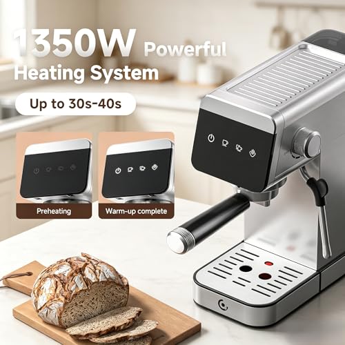Image of AMZCHEF 20 Bar Compact Home Espresso Coffee Machine, Matte Silver | LED Touch Screen, Auto Milk Frother, Stainless Steel Body, Makes Latte & Cappuccino, Ideal for Coffee Beginners