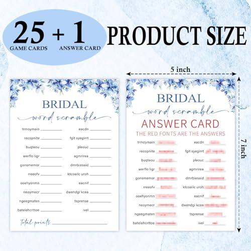 Image of Bridal Word Scramble Bridal Shower Games, 25 Blue Floral Wedding Shower Game Cards & 1 Answer Card, Engagement Party Game for Guests, Wedding Games for Reception, Marriage Party Supplies -17