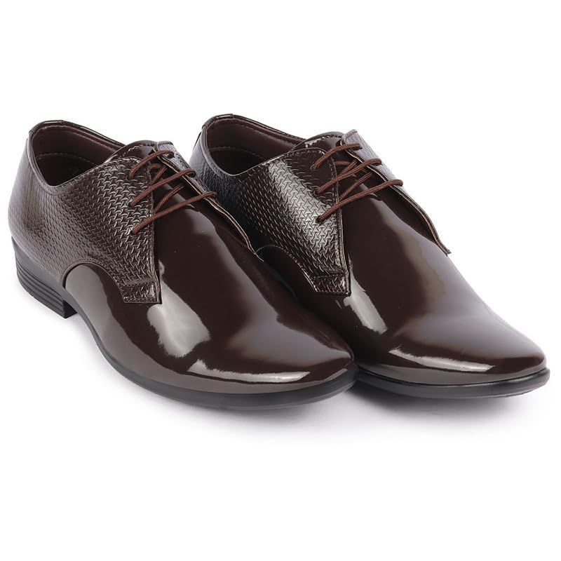 Image of FAUSTO Men's Patent Leather Shine Textured Pointed Toe Party Wedding Lace Up Derby Shoes