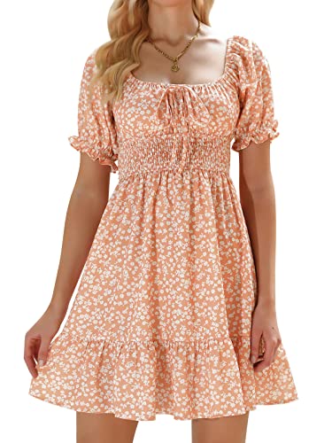 Cyrakt Damen Sommerkleid Blumen Tunika Kleid High Waist Volantkleider Boho Strandkleider - Orange, XL, Knielang, Ärmello...