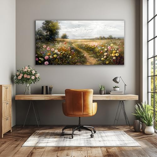 SERIMINO Large Wall Art for Living Room, Countryside Path Landscape Wall Decor, Wildflowers Meadow Canvas Prints, Natural Scenery Modern Pictures Home Decor Farmhouse Kitchen Dining Room 24"X48"