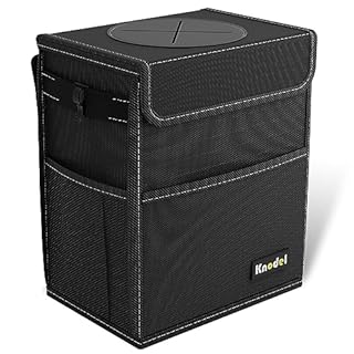 K KNODEL Car Bin With Lid - Foldable and Waterproof for Tidy Use, Adjustable Straps and Multiple Pockets (Medium, Black)