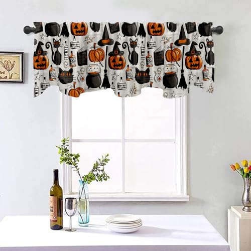 DOTOOMA 54x18 Inches Halloween Classic Pattern Window Valance Black Cat Pumpkin Witch Hat Broom Holiday Home Kitchen Dining Room Decoration Polyester Fabric Supplies
