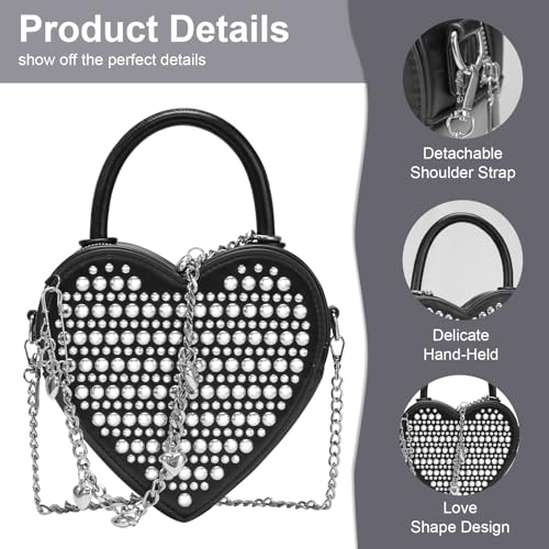 Image of TRBSXRT Heart Satchel Crossbody Purse for Women - Rivets Embellished Shoulder Bag, Leather Heart Shaped Handbag (Black)
