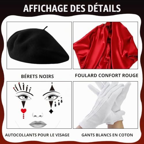 MINGJAY Costume de Carnaval Pantomime,4 Pièces Pantomime Costume de Fête à Thème,Accessoire Mime,Costumes Pantomima,Costumes de Pantomimes de Carnaval,Pour Halloween,Carnavals,Cosplay,Fête – vue 3
