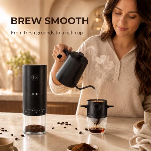 Image of Ash & Roh Electric Coffee Grinder & Pour Over Brewer Set - Compact Adjustable Burr Grinder with Reusable Filter, One‑Touch Drip Coffee Maker for Home Use