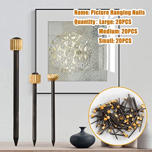 Image of SPEEDWOX 60 Pcs Picture Hangers Black Steel Nails and Brass Head Frame, Picture Hanging Nails for Hanging Picture Painting with Plastic Storage Box Holds Up to 5-30 lbs(3 Sizes)