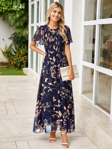 Image of Simplee Womens Casual Floral Summer Maxi Dress 2026 Boho Flowy Short Sleeve Crew Neck Vacation Smocked Chiffon Dresses