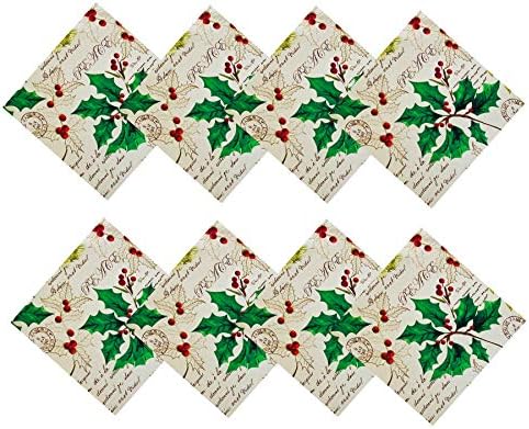 Newbridge Holly Joy Christmas Holiday Fabric Napkin Set, Peace, Joy, Noel Xmas Print Cloth Napkins, Set of 8 Fabric Napkins