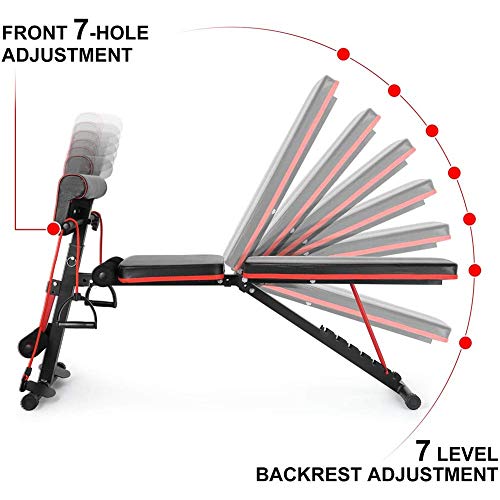 Weight Bench for Full Body Workout, 7 Position Adjustable Workout Bench With Adjustable Back Pillow Multi-Purpose Foldable Incline Decline Strength Fitness Training Exercise with Resistance Band