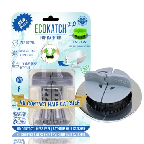 EcoKatch 2.0 - El mejor recogedor de pelo higiénico y sin contacto para bañera, protector de drenaje, colador, ajuste universal para bañera estándar con drenaje de 1.5 a 1.75 pulgadas (gris piedra)