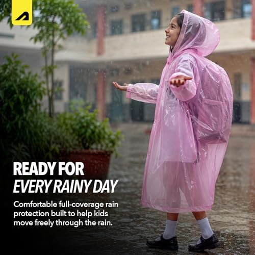 Image of Boldfit Raincoat for Kids Smart Back Long Raincoat with Hood Waterproof Rain Coat for Boys & Girls Lightweight School Poncho Jacket with Pockets & Buttons