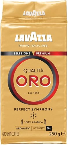 Lavazza, Qualità Oro, Gemahlener Kaffee, mit Aromanoten von Früchten und Blumen, für einen Samtigen Espresso, 100 % Arabica Kaffeebohnen, Intensität 5/10, Mittlere Röstung, 250g