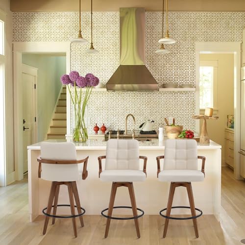Butaco MEKLIBA de 26 pulgadas, tapizado en cuero sintético, con respaldo y brazos, giratorio, para isla de cocina, set de 3 unidades, color beige miniatura 4