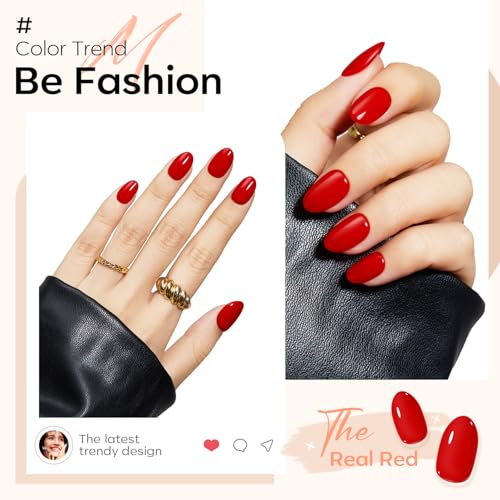 modelones Red Short Press on Nails Oval Fake Nails with Nail Glue, Adhesive Tabs, Nail File, Prep Pad, Manicure Stick, 32Pcs 16 Sizes, Christmas - Thumbnail 2