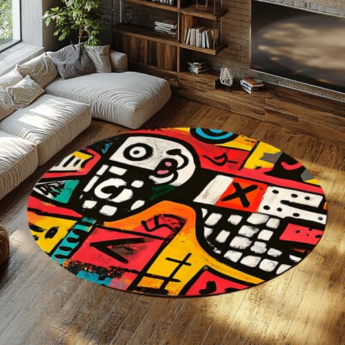抽象的なアートの丸い敷物カラフルな幾何学的な動物の自由奔放に生きる丸のラグリビングルーム用ソフトローパイル洗えるカーペット勉強ゲームルーム用 160cm