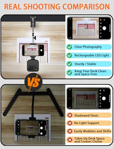 Overhead Phone Mount, Articulating Arm Cell Phone Holder with LED Light, Flexible Phone Stand for Live Streaming, Video Recording, Painting Lighting, Cooking