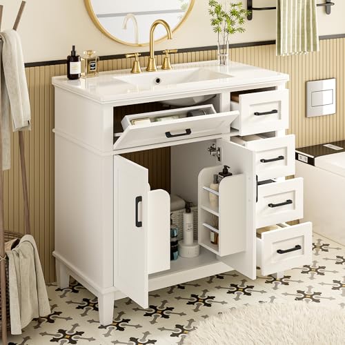 DACHETOU Mueble de baño de 91x46,5x86,4 cm, Blanco, cajones con Cierre Suave, Tirador Plegable, Estante de Doble Puerta, Patas de Madera Maciza, Tirador Negro, Lavabo cerámico Integrado