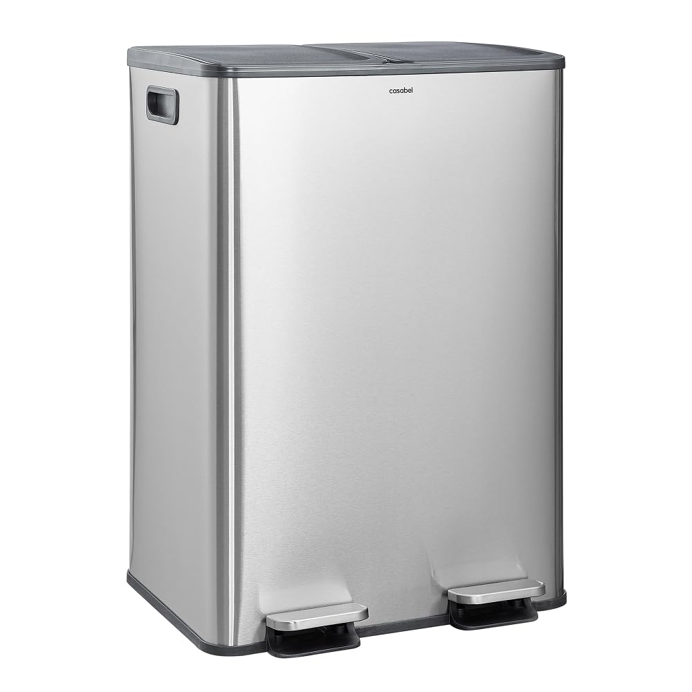 CASABEL Cubo de basura de cocina doble 2x30L en acero inoxidable, cromado | Doble compartimento, Reciclaje selectivo, 2 pedales, Antihuellas, Tapas herméticas, Cubos extraíbles, Fácil mantenimiento