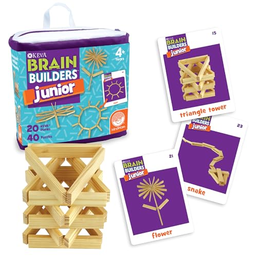 MindWare KEVA Junior Brain Builders Playset 3D Puzzle Travel Game 40 Wooden Building Block Challenges
