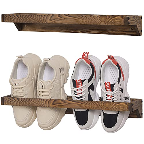 MyGift Set of 2 Solid Wooden Wall Mounted Shoe Rack Storage Organizer with Rustic Burnt Wood Finish, Hanging Footwear Holder for Closet, Mudroom, Entryway, Holds 4 Pairs