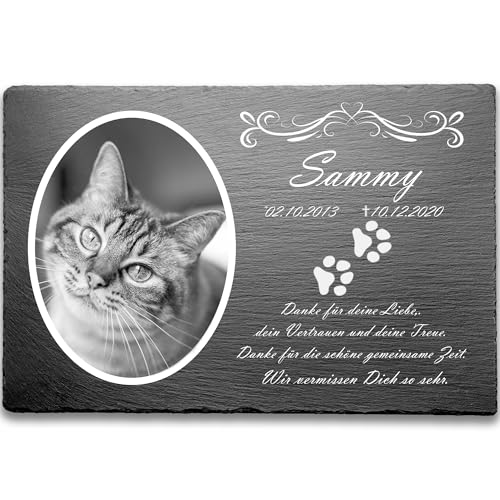 Pokal Center Westerheider Katzengrabstein mit eigenem Foto und Katzenpfoten Gedenksteine für Katzen mit personalisierter Gravur Katzen Gedenksteine aus Naturschiefer 20x30 cm