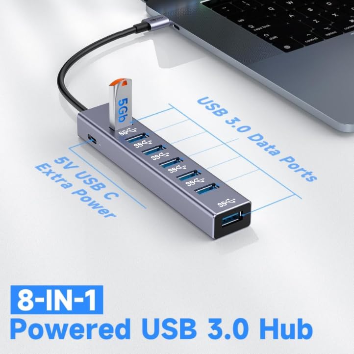 Image of AMUH07A USB-A to 8 in 1 Multifunction Hub USB 3.0, USB3.0 X 7: 5Gbps; USB C, USB CX1: 5V /3a Extra Power, Wide Compatibility: Laptop, Flash Drive, Keyboard, Mouse, Card Reader, HDD & More