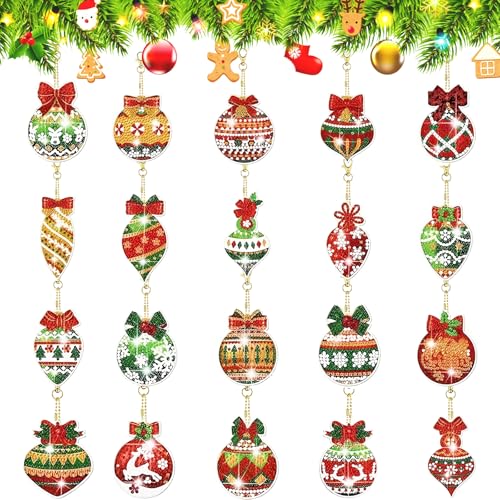 Nirecu 20 Stück Diamond Painting Weihnachten Set 5D Diamond Painting Weihnachten Anhänger Kinder DIY Diamant Malerei Schlüsselanhänger Beidseitig für Weihnachtsbaum Deko Adventskalender