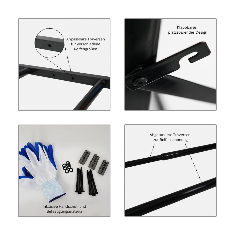 PROREGAL Étagère à pneus Pliable Carrera pour Montage Mural | HxLxP 62x88-122x57cm | jusqu'à 5 pneus | Noir