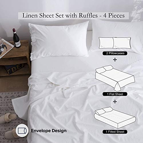 Simple&Opulence Belgian Linen Sheet Set with Ruffles - 4 Pieces (1 Flat Sheet & 1 Fitted Sheet & 2 Pillowcases) Natural Flax Cotton Blend Soft Bedding Breathable Farmhouse - White, Queen Size - Thumbnail 4