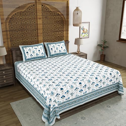 Image of BLOCKS OF INDIA Hand Block Printed 200 TC Cotton King Size Bedsheet (Grey Rose)