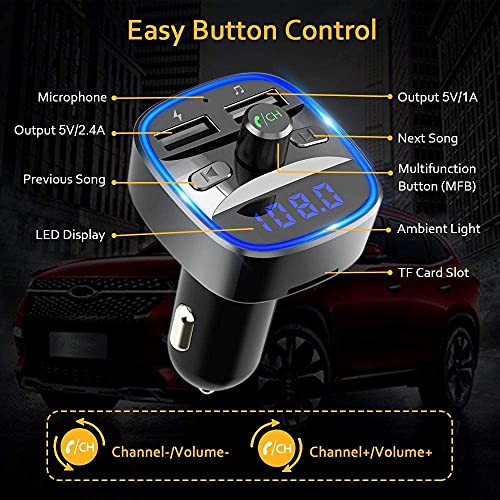 Bluetooth Fm Transmitter For Car, Blue Ambient Ring Light Wireless Radio Car Receiver Adapter Kit With Hands-Free Calling, Dual Usb Charger 5V/2.4A And 1A, Support Sd Card, Usb Disk (Black) #TOP6