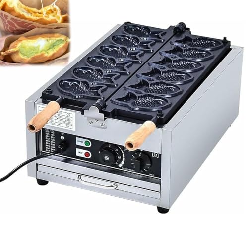 ZenHailure Gofrera Profesional,Máquina Comercial De Taiyaki para Helado Y Relleno,6 Moldes En Forma De Pez,Temperatura Ajustable Y Estructura De Acero Inoxidable