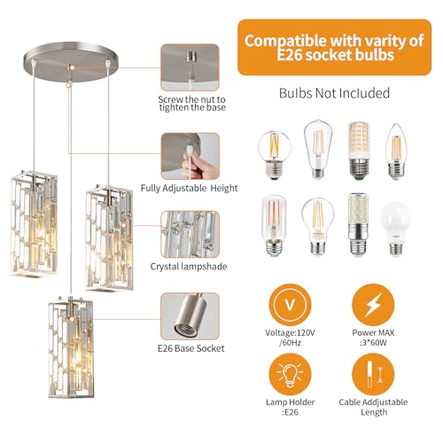 Image of Brushed Nickel Pendant Lighting Modern Pendant Light, Mini Crystal Chandeliers,Adjustable Pendant Light Fixture for Kitchen Island Dinning Room Bedroom (3 Light)