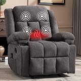 HAOMARKETS Classic Manual Recliner Chair with Massage and Heat for Adults, Breathable Fabric Recliners with Two Cup Holders& Side Pockets, Overstuffed Heavy Duty Reclining Sofa for Living Room, Grey