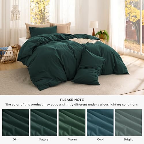 Image of Bedsure Comforter Set Queen Size - Cotton Fabric with Microfiber Inner Fill, Forest Green PureWoven Soft Bed Set for All Seasons, 3 Pieces, 1 Comforter (90 inchx90 inch) and 2 Pillow Cases (20 inchx26 inch)
