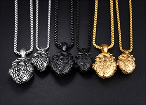 PAURO Men's Stainless Steel Anatomical Heart Pendant Necklace Black/Gold/Silver, Locket Style3