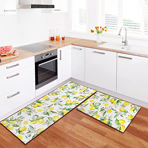 Cocobelin 2 Pieces Lemon Kitchen Rug Lemon Anti Fatigue Mat Non Skid Washable Standing Mat Lemon Kitchen Runner Rug 17X30+17X47Inch, Lemon Rugs-Yellow #TOP4