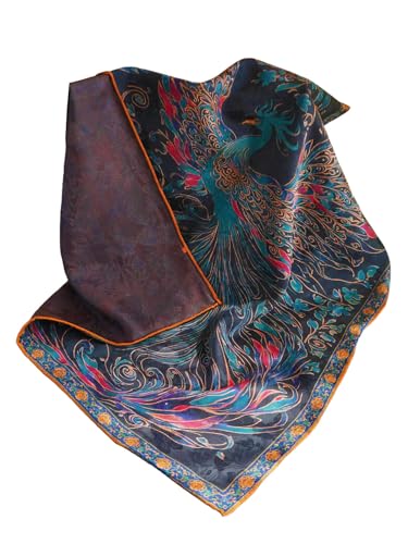 Écharpe carrée en soie de qualité supérieure jacquard bleu marine imprimé Phoenix élégant