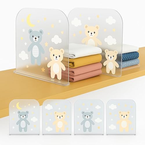 Organizadores de armario de bebé, 4 divisores de ropa de bebé de acrílico transparente para armario con diseños de osos, lunas, estrellas, nube y