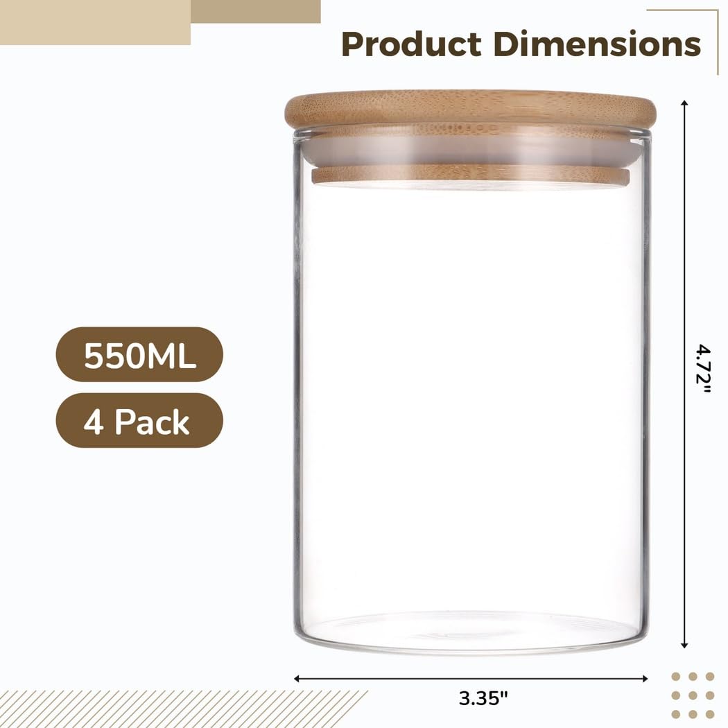 Küchen-Organizer für Kaffeebohnen, Kekse, Nüsse, Gewürze, 4 Stück Glas-Vorratsdosen mit Bambusdeckel, 550 ml, transparente Behälter, luftdichte Frischhaltedosen