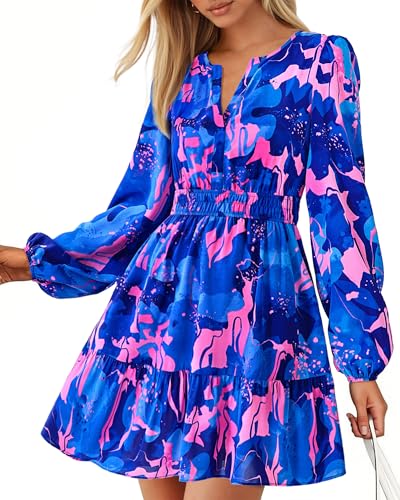 BTFBM Fall Dresses for Women 2025 V Neck Long Sleeve Elastic Waist Boho Beach Vacation Clothes Floral Mini Summer Dress(Flower Blue Pink, Small)