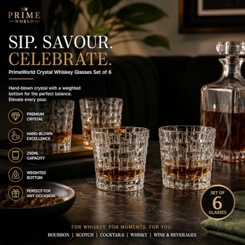 Image of PrimeWorld Crystal Whiskey Glasses Set of 6 | 250ml Hand-Blown Crystal Drinking Glasses with Weighted Bottom | Premium Barware for Bourbon, Scotch, Cocktails, Whisky, Wine & Beverages