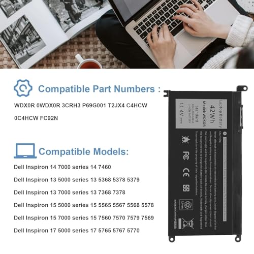 Image of WDX0R Laptop Battery for dell Inspiron 15 7579 7569 5578 5565 5567 5568 5570 5775 5579 7560 7570 13 5378 5368 7375 7368 7378 17 5765 5767 5770 Series P69G001 P58F P58F001 P75F P66F P69G 3CRH3