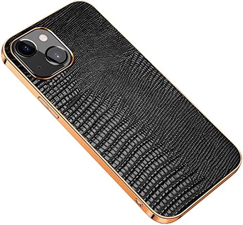 Coque iPhone 14 Plus en cuir motif lézard et cadre doré élégant