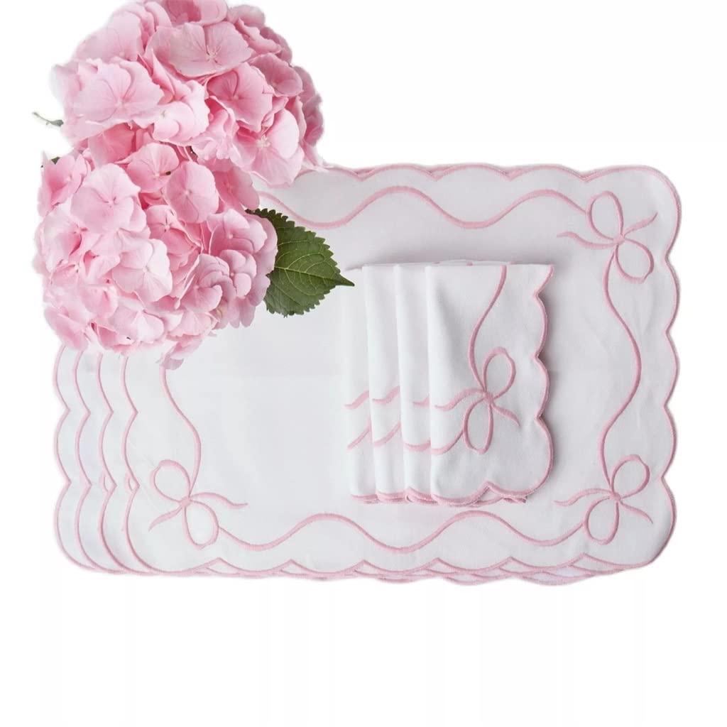 IANSHFKN Placemats And Napkins Set Of 6 White Embroidered Bow Wedding Decor Tablecloth Placemat